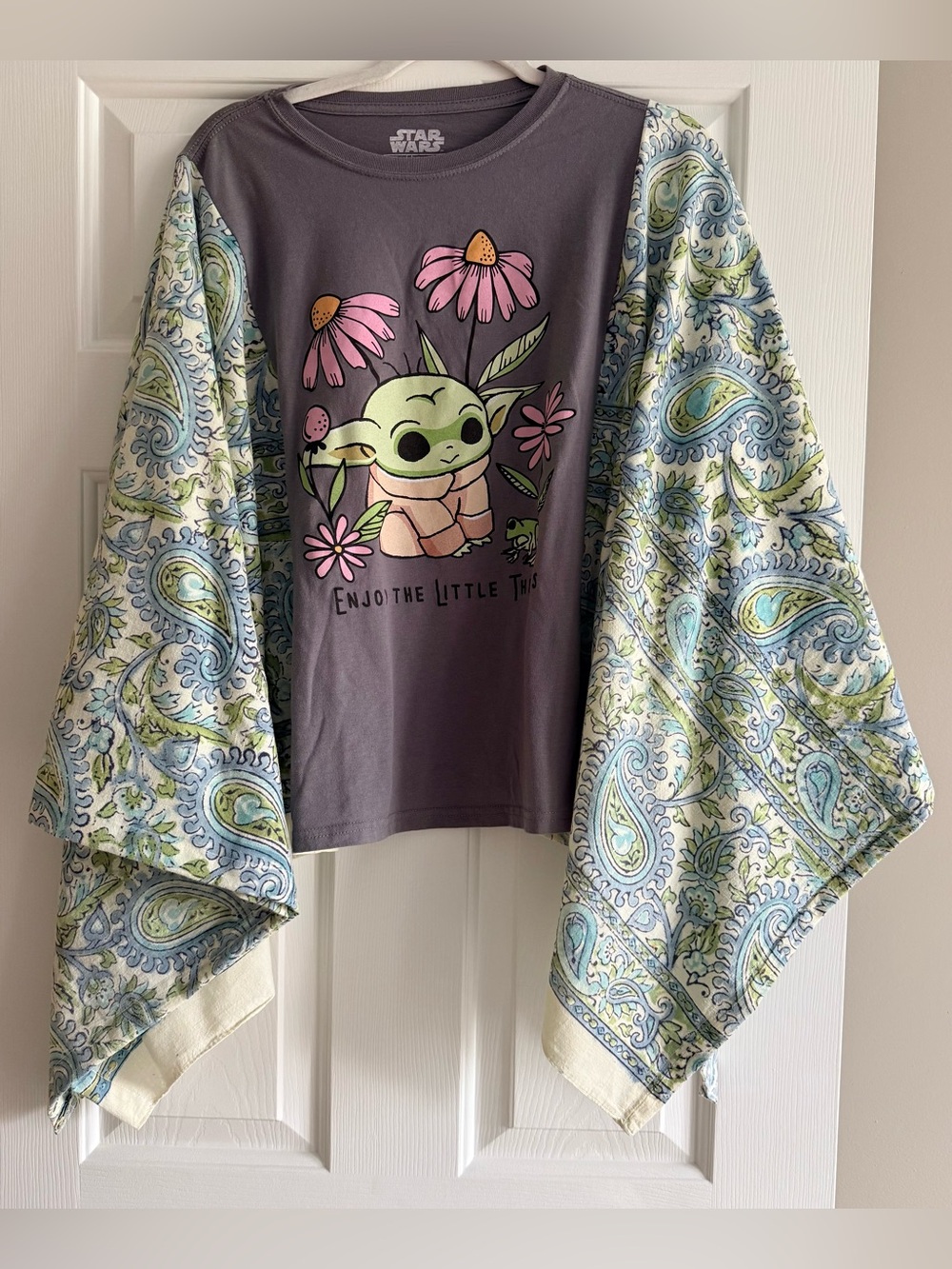 Star Wars Grogu Upcycled Tee Vintage Batik Fabric Sleeves ENJOY THE LITTLE THING